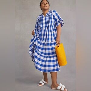 Anthropologie WHIT TWO Gingham blue white checkered Tiered Midi Dress XXL 1X